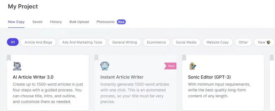 How to use Writesonic: Choose option